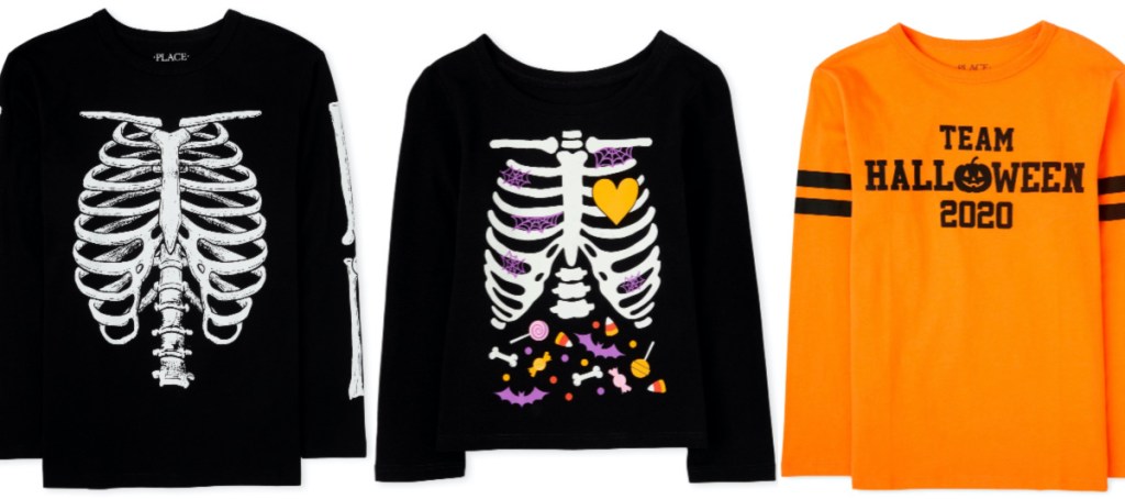 three kids Halloween themed shirts