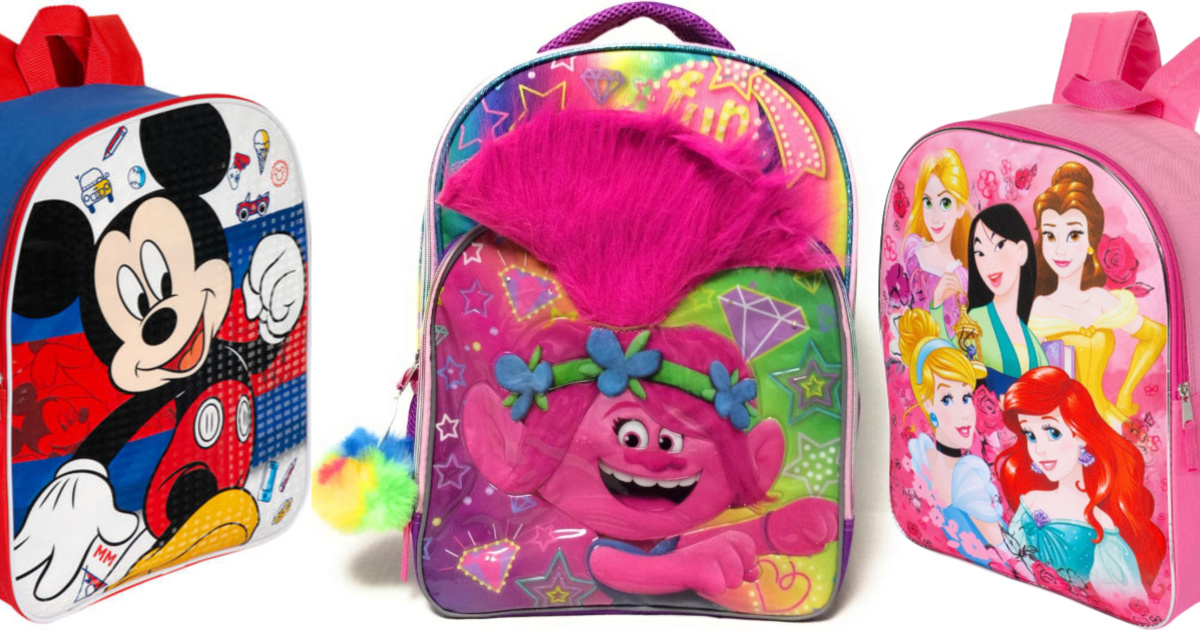 trolls, mickey mouse, and disney princess backpacks