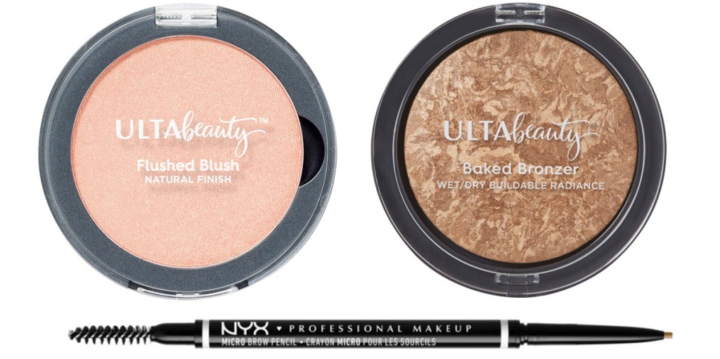 round ulta brand blush and bronzer and a double ended nyx brand eyeshadow pencil