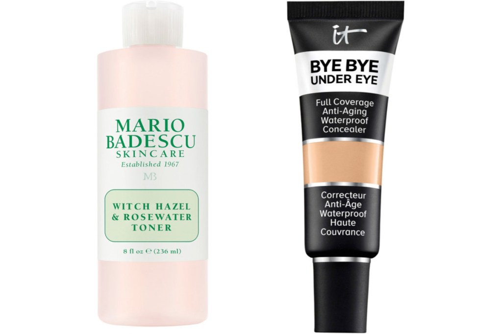 pink bottle of mario badescu rosewater toner and black bottle of it cosmetics concealer