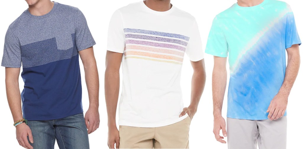 three men modeling graphic tees in various tie-dye and stripe prints