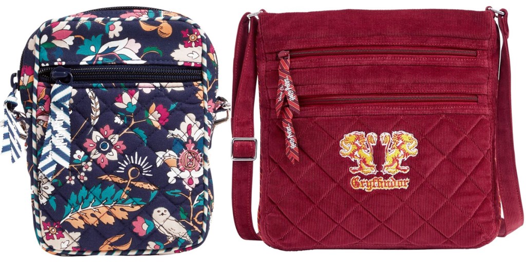 two small crossbody bags, one in floral print with harry potter motifs, and one red with gryffindor logo