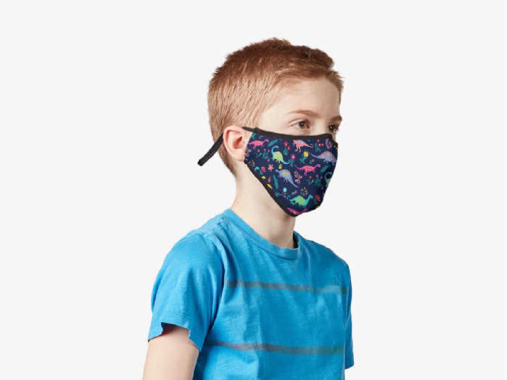 boy wearing dinosaur face mask