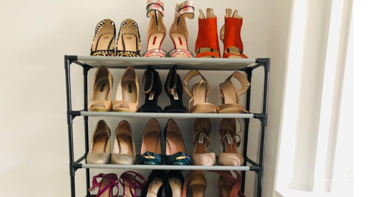 shelves with shoes stacked on them