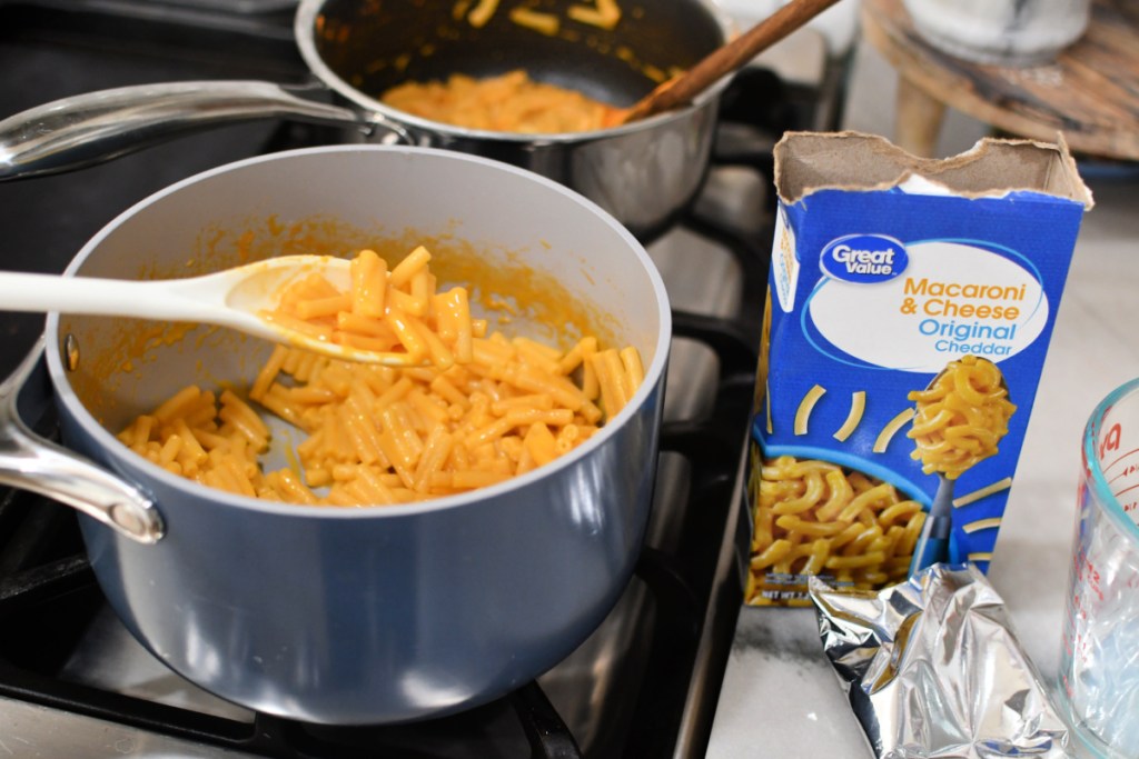 great value mac and cheese on the stove in a pot