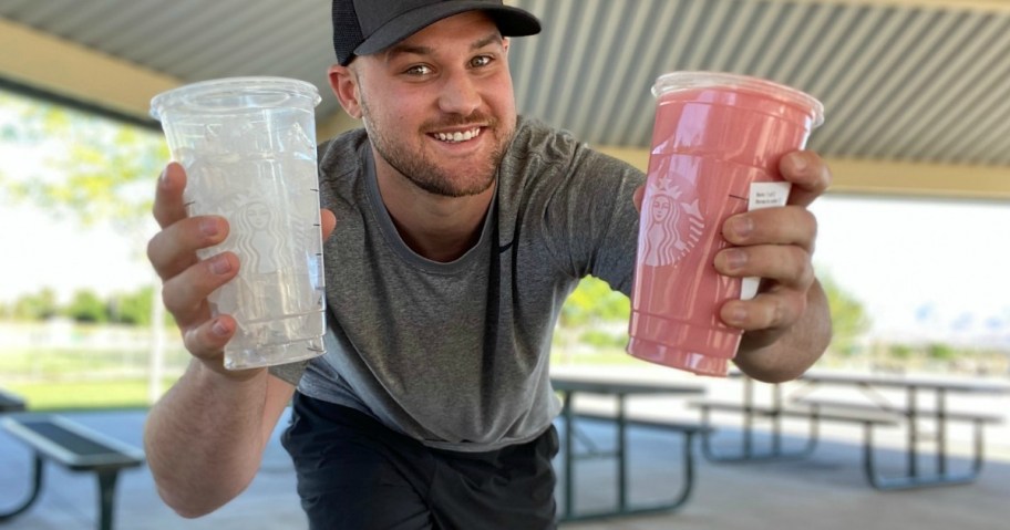 Starbucks Hacks - man with starbucks drink and ice 