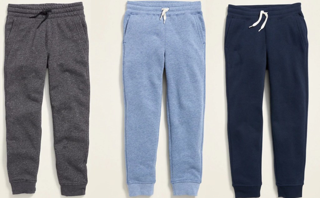 gray light blue and navy fleece joggers