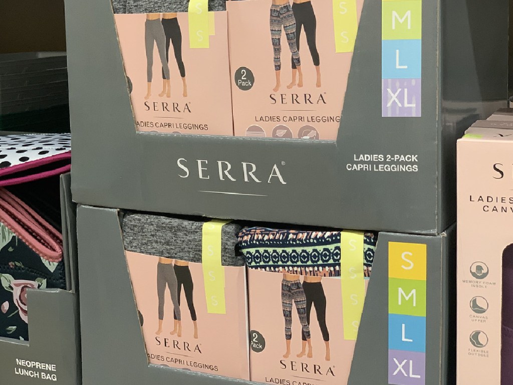 store shelf with packages of leggings on display