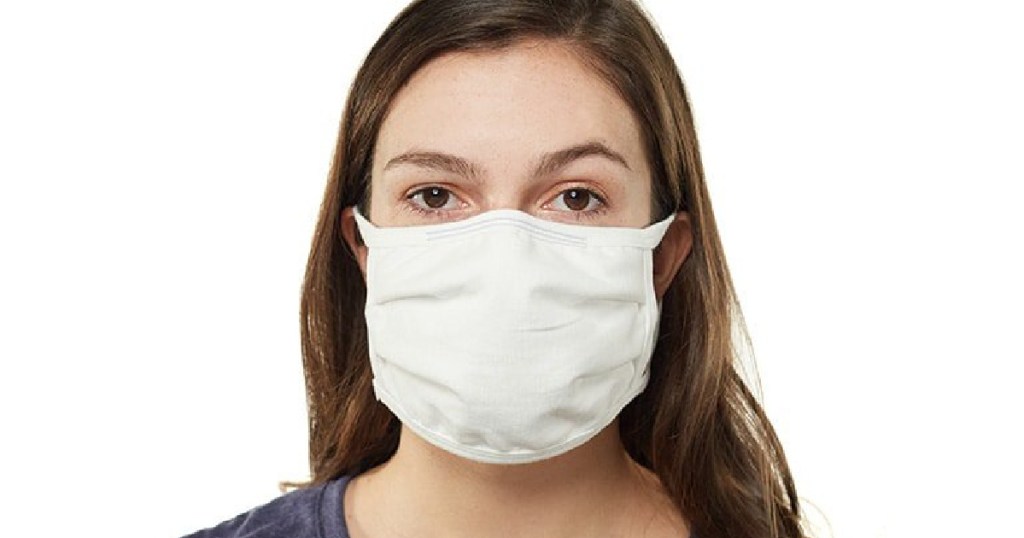 woman wearing a white hanes face mask