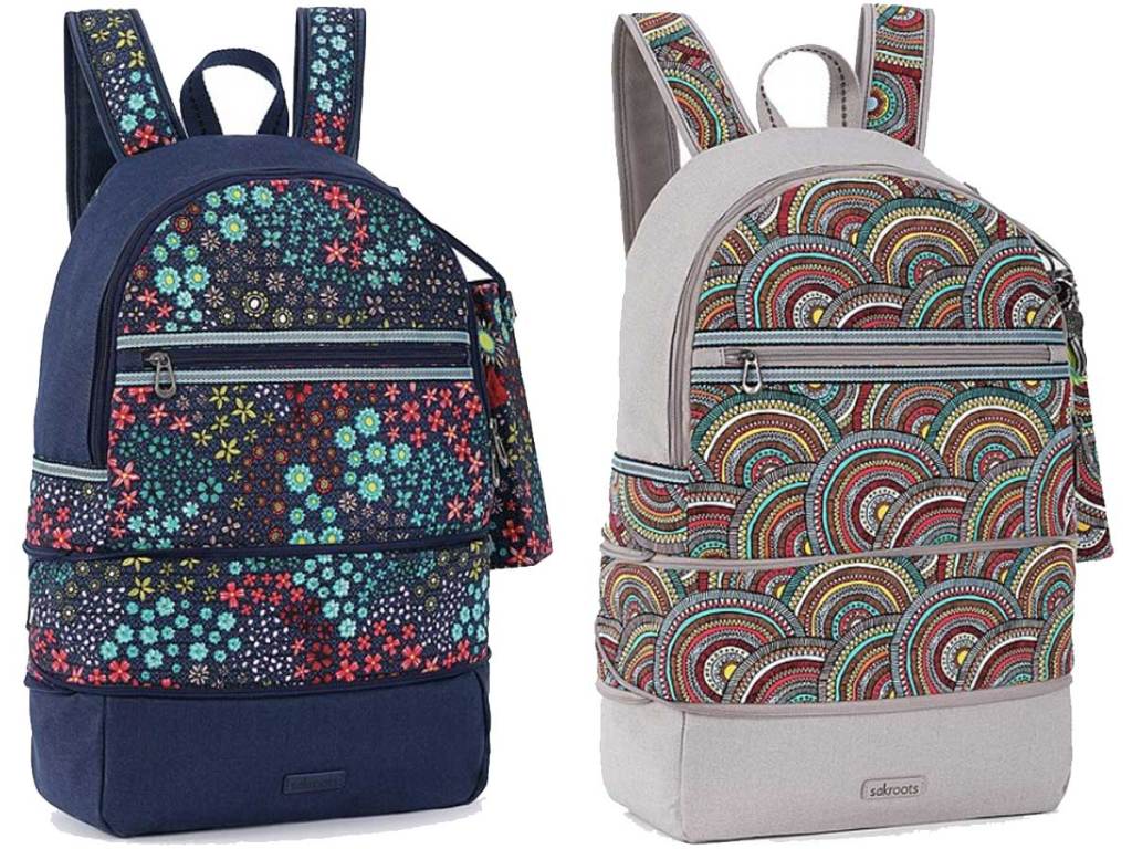 fabric backpacks in floral and circles