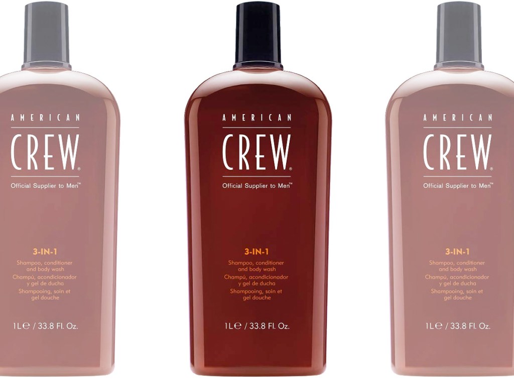 three brown bottles of Americna Crew brand 3-in-1 shampoo