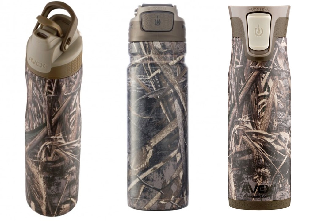 three camo print water bottles and travel mugs