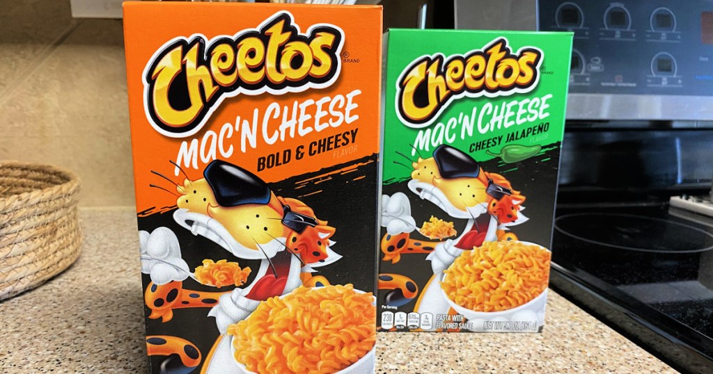 Cheetos Mac 'n Cheese boxes on countertop