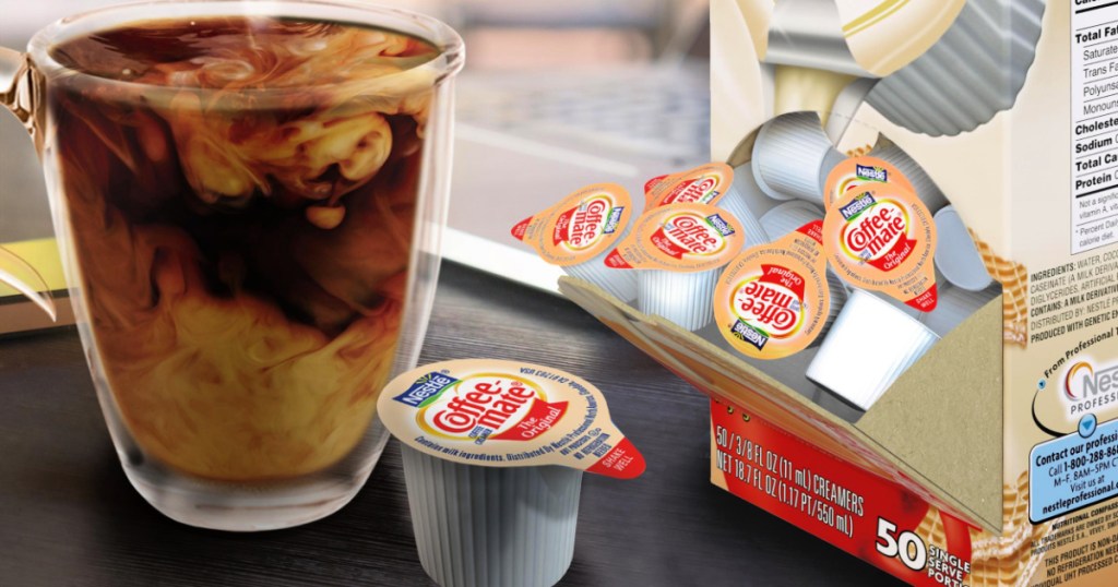 Coffee-Mate Creamer Singles with cup of coffee