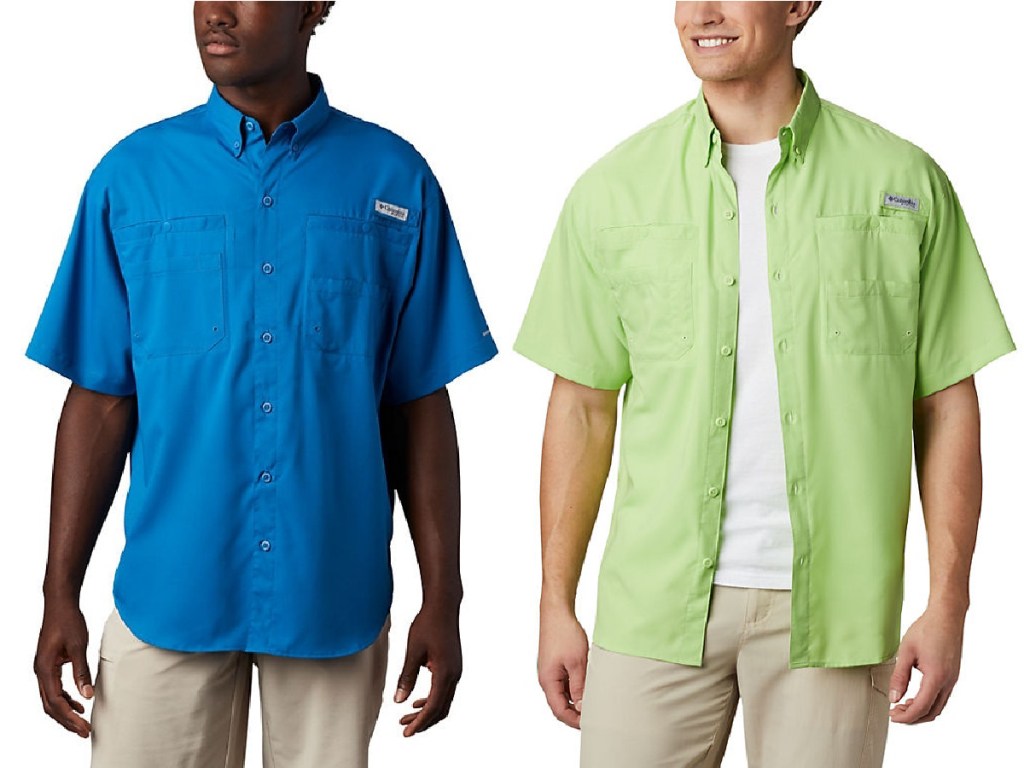 two men wearing blue colored and light green colored Men’s PFG Tamiami II Short Sleeve Shirt