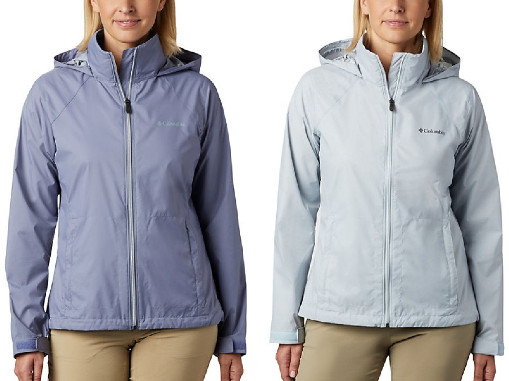 two women wearing periwinkle and light grey colored Columbia Women’s Switchback III Jacket