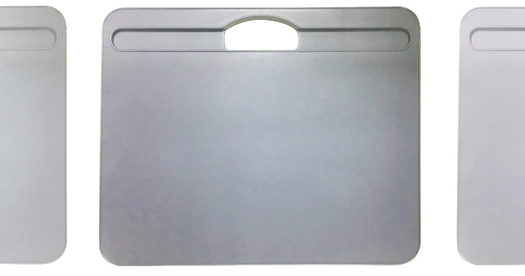 rectangular grey lap desk with carrying handle and indentation to hold pencils at the top