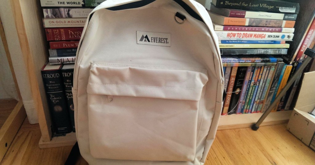 light grey everest backpack in room