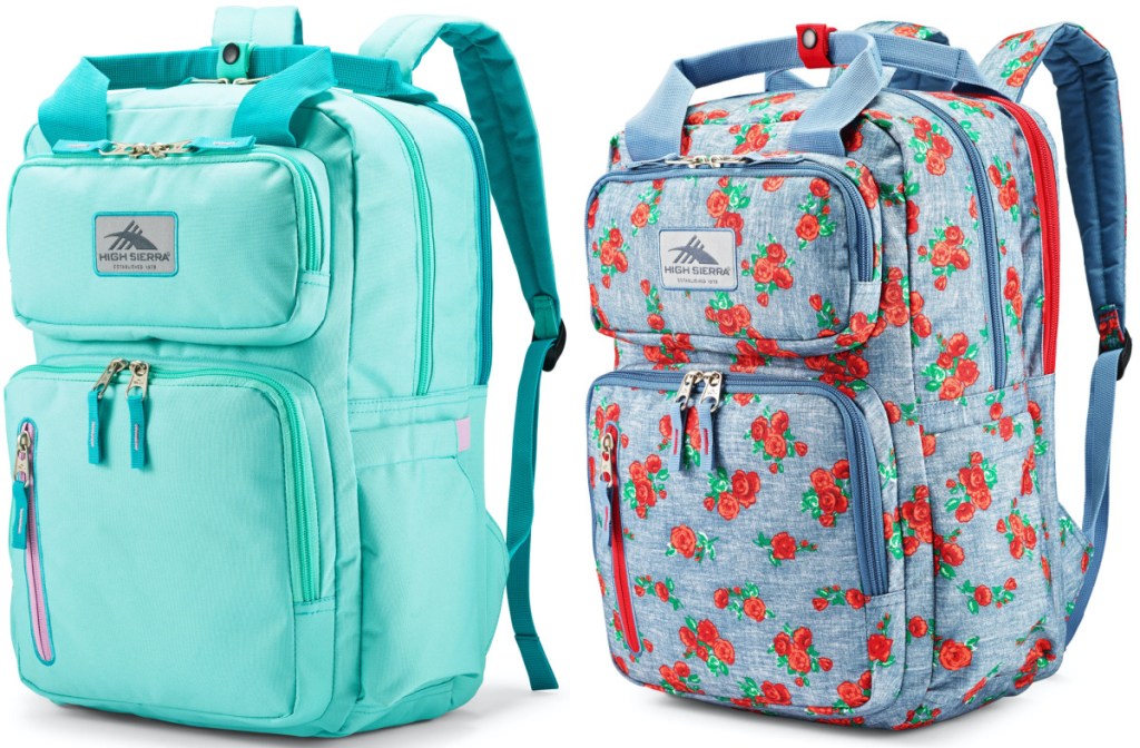 turquoise backpack and blue rose print backpack