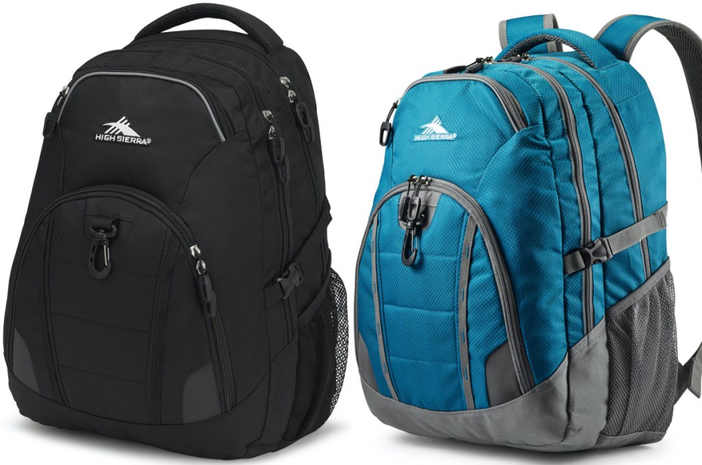 black backpack and blue and gray backpack