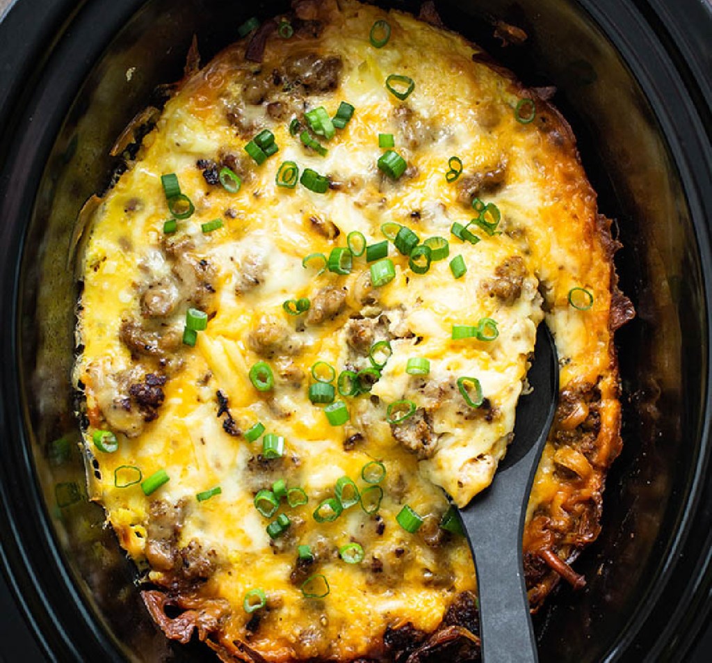 A breakfast casserole in a Crock Pot, one of the popular Crock Pot breakfast recipes