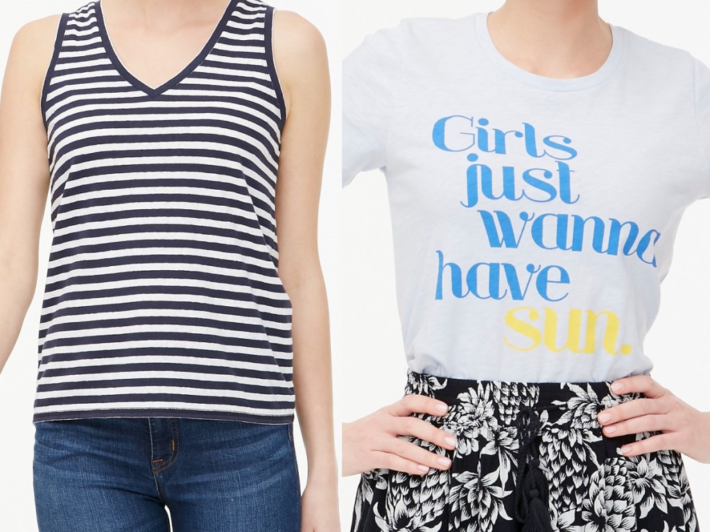 woman in black and white striped tank and woman in light blue graphic tee