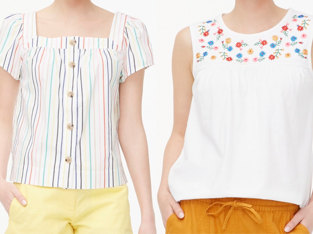 woman in white multi-color top and woman in white tank with multi-color design on top