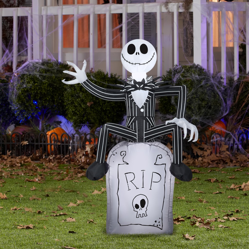 Jack Skellington on Gravestone shown in Halloween-decorated yard