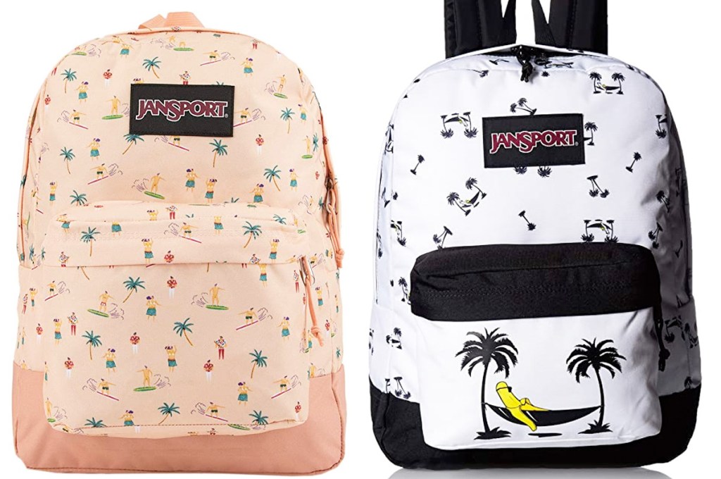 two jansport backpacks in print with beach and surfer print and black and white with banana laying in hammock