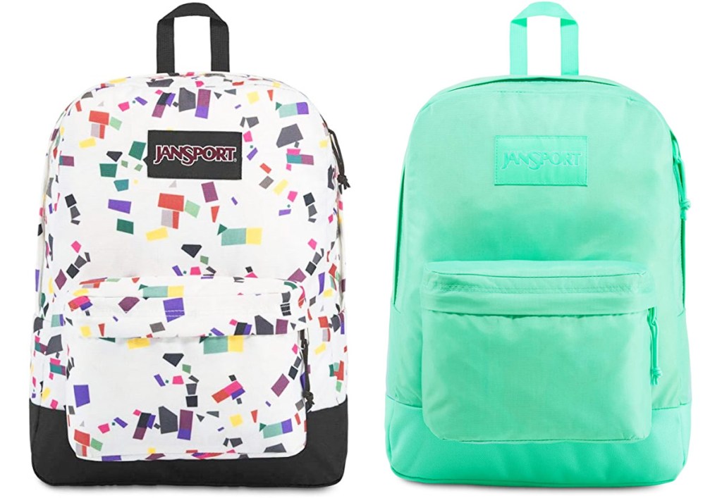 two jansport backpacks in white with multi-color geometric print and solid mint green