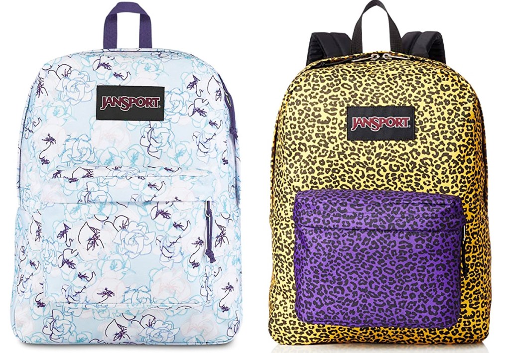 two jansport backpacks in white with blue floral print and yellow leopard print with purple leopard print front pocket