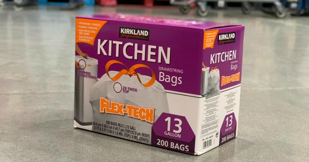 Kirkland Kitchen Bags box sitting on floor of warehouse