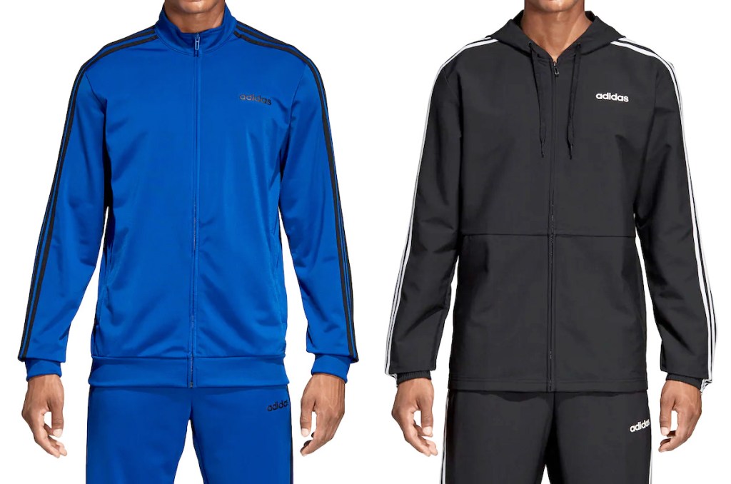 two men modeling blue and black Adidas jackets