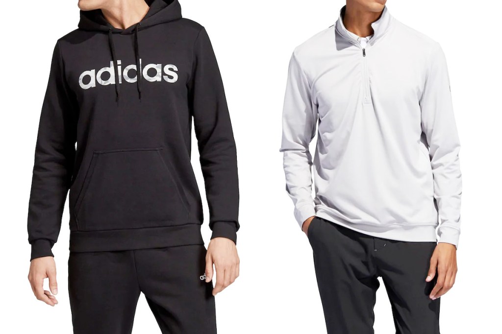 two men modeling Adidas black hoodie with camo print logo on chest and light grey quarter zip pullover