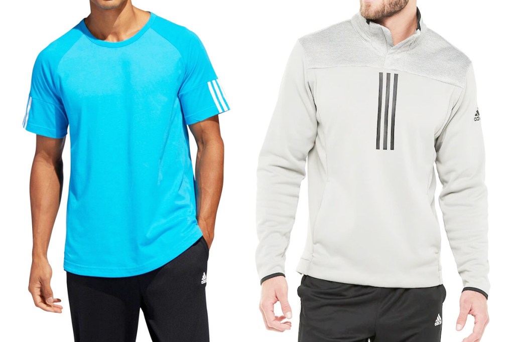 two men modeling bright blue Adidas tee and light grey pullover