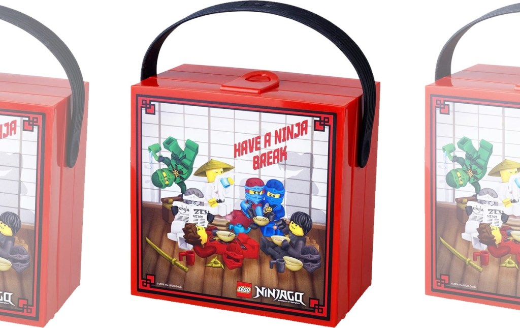 red square LEGO Ninjago lunchbox with black carrying handle