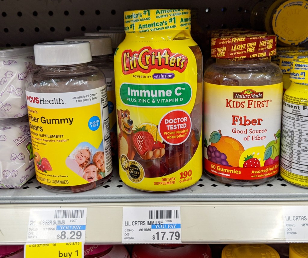 yellow bottle of lil critters immuna C gummies on cvs shelf