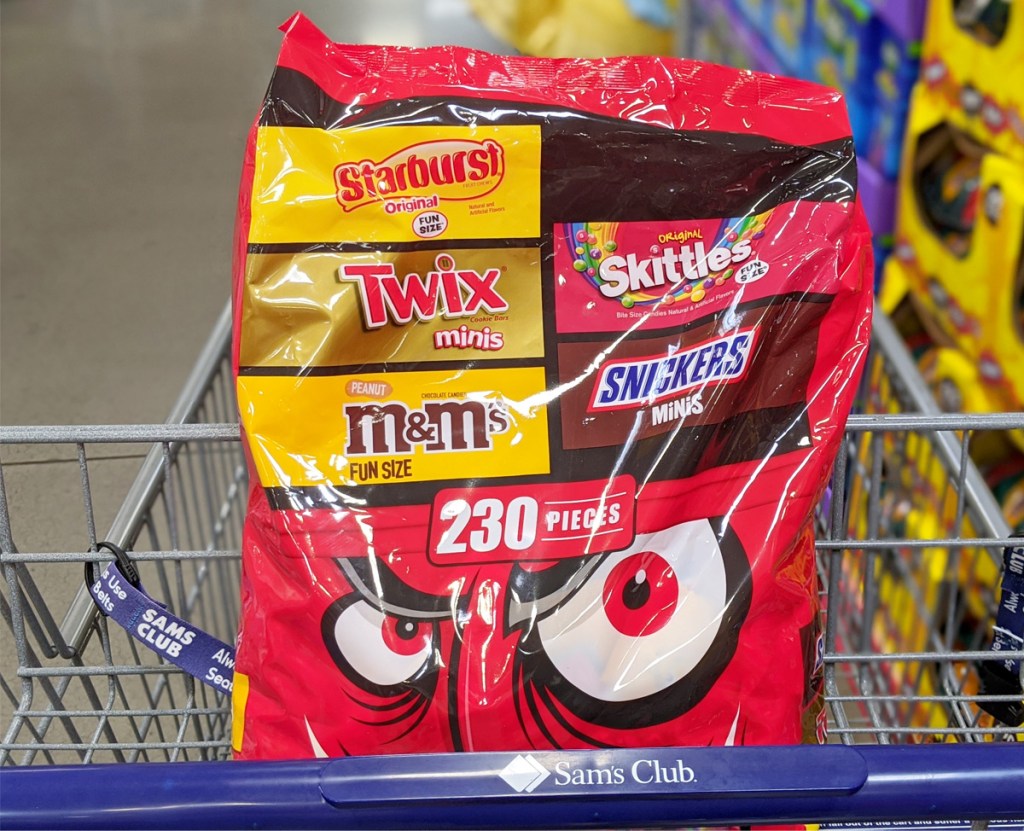 shopping cart with red variety bag of mars fun size halloween candies