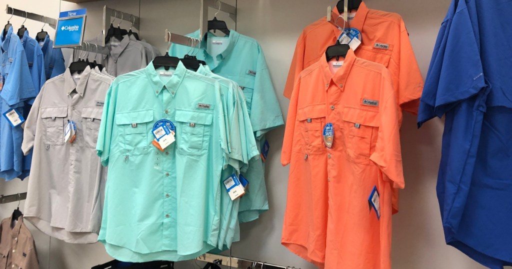 in store rack with mens columbia shirts