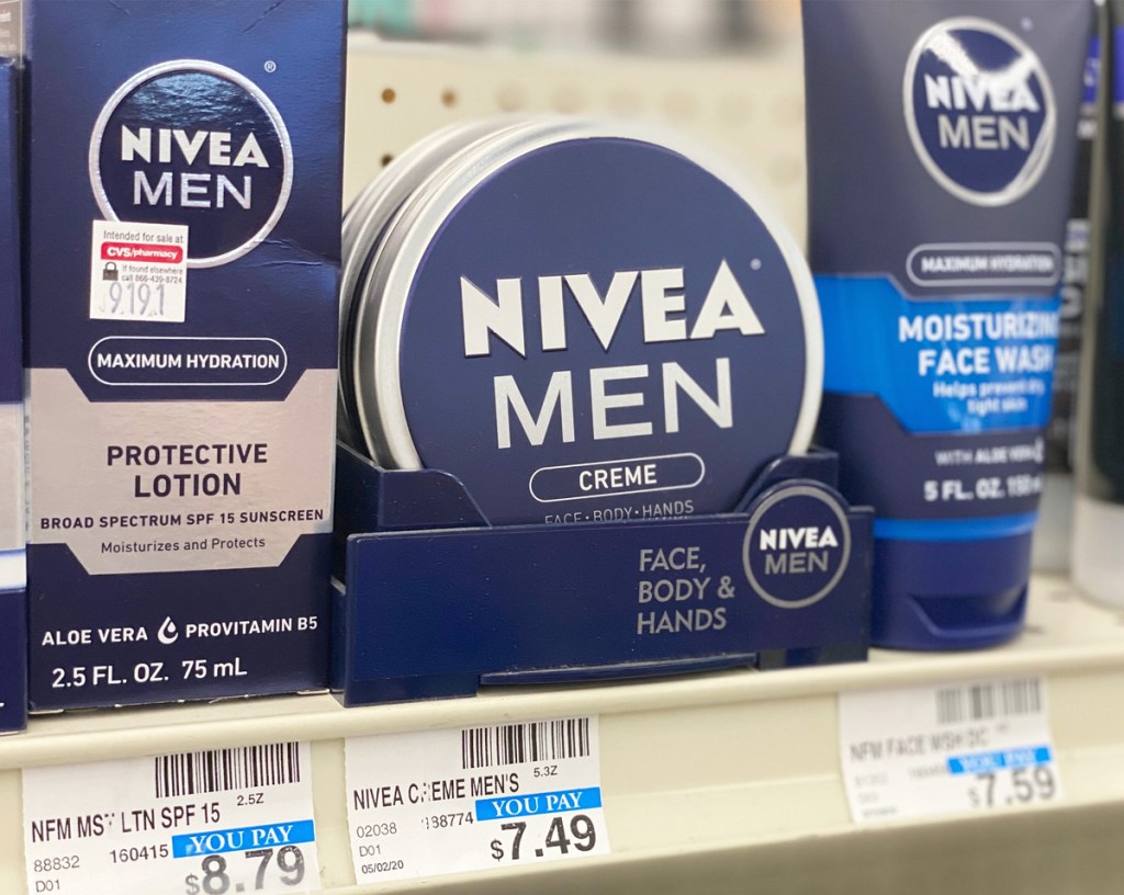 Nivea Men face and body creme tin on CVS store shelf