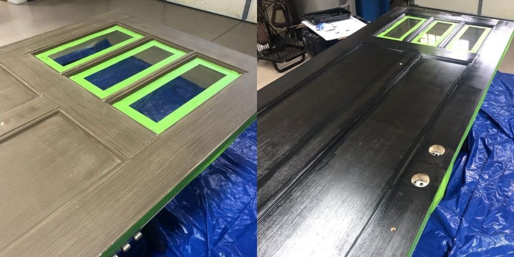 Before and after images of a door being painted black