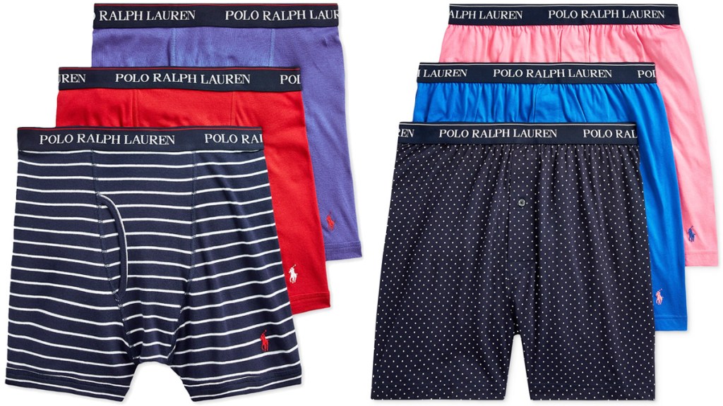 two three-pack sets of Polo Ralph Lauren men's boxers in assorted colors