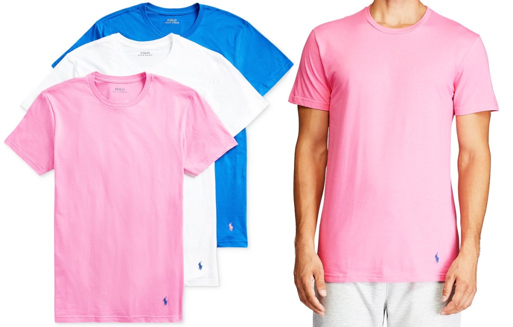 set of three men's shirts in pink, white, and blue colors with man modeling pink shirt