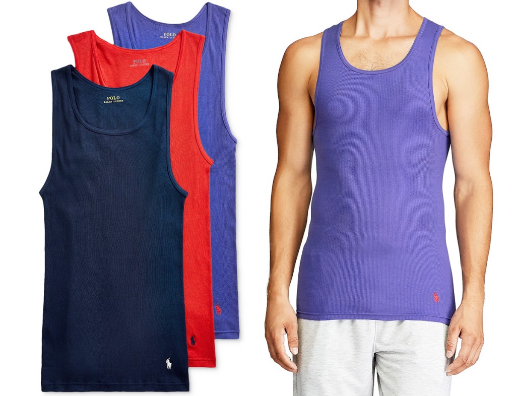 three men's tank tops in navy blue, red, and light blue colors with man modeling light blue one