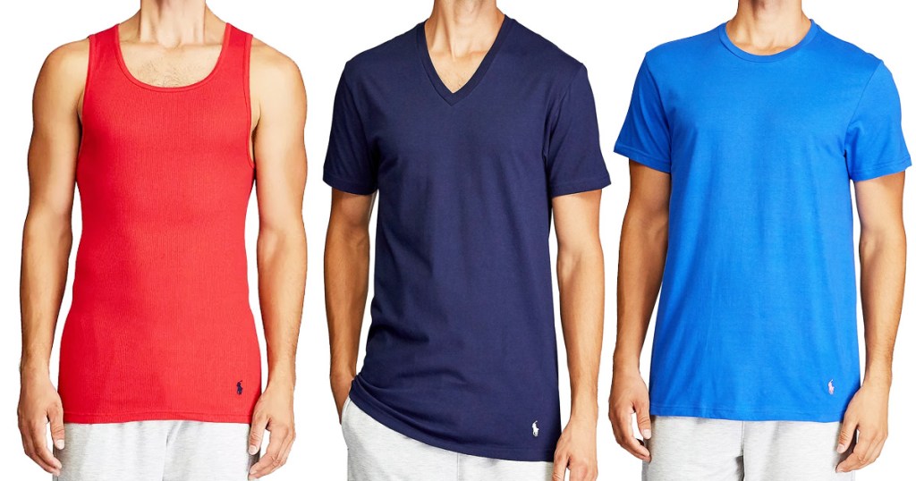 three men modeling a red tank top, navy v-neck shirt, and blue crew neck shirt