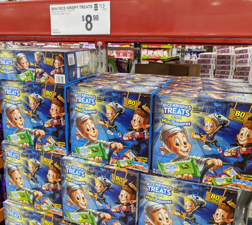 blue boxes of rice krispie treats in halloween wrapping