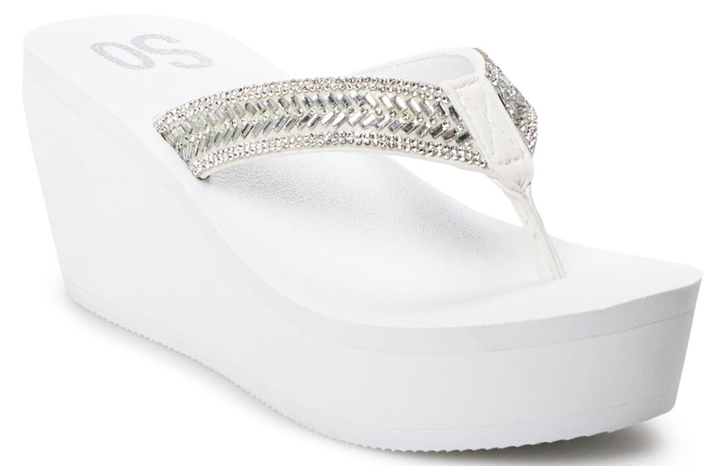 white tall wedge flip flop with beaded silver straps