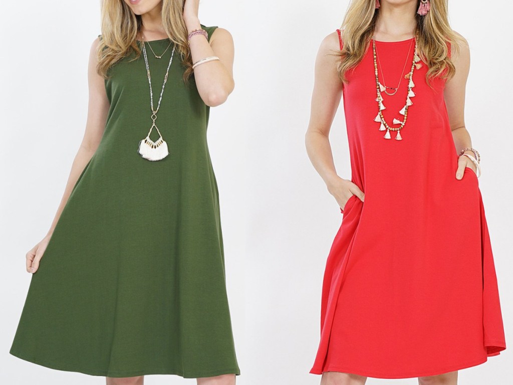 2 woman wearing swing dresses dresses side by side