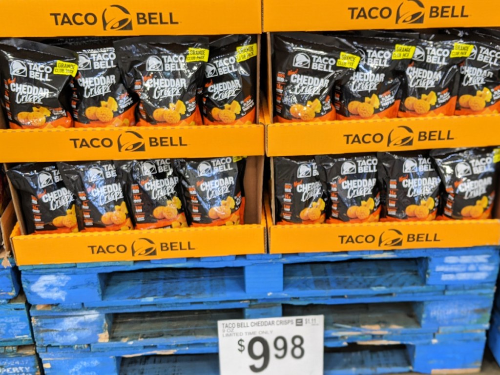 Taco Bell Cheddar Crisps in bags at Sam's Club