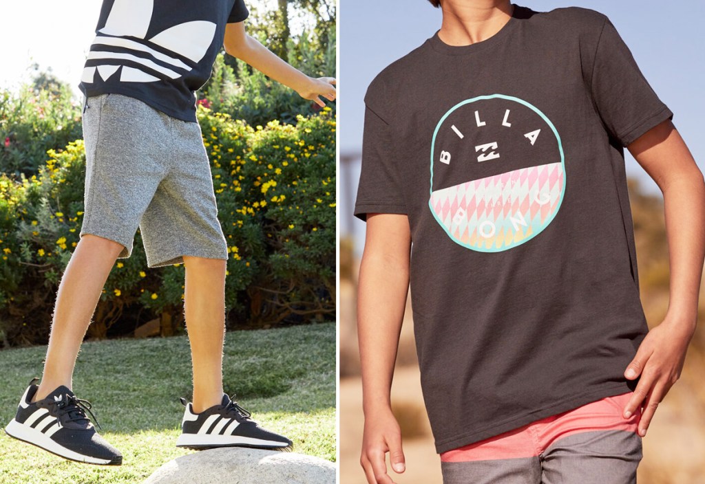 boy standing on rock wearing black adidas logo tee and grey sweat shorts and a boy wearing a black Billabong graphic tee